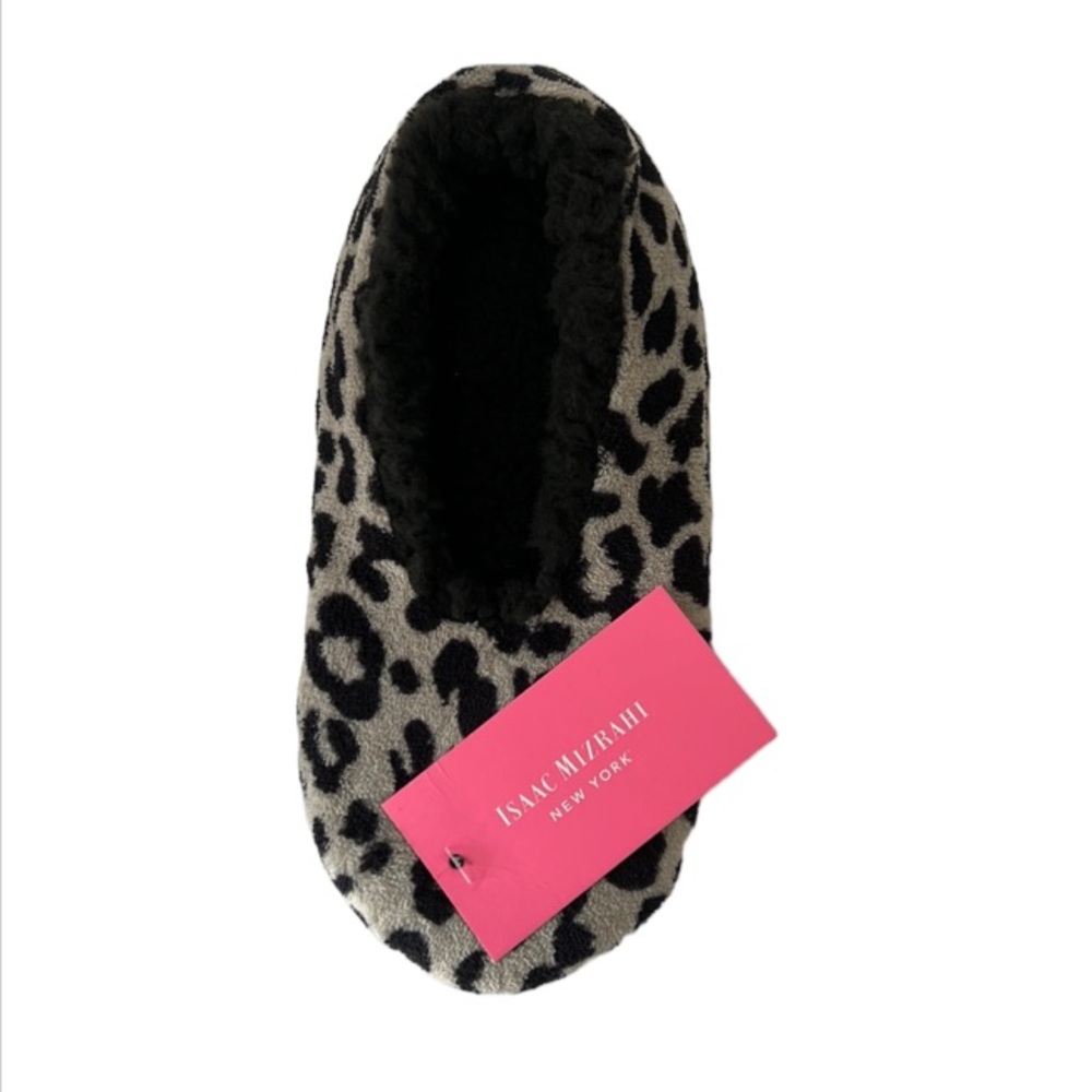 Isaac Mizrahi Gray Black Leopard Print Sherpa Lined Slippers Size M Women’s 7-8